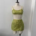 Sparkling lime green sequined camisole top and fringe mini skirt set for party wear - S / Top And Bottom / Green