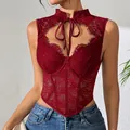 Burgundy lace boned corset top with underwire and halter tie detail - XS / Tops / Underwired No Padding / Burgundy
