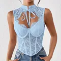 Sexy light blue floral lace boned corset top with underwire and stylish front cutout tie neck - XS / Tops / Underwired No Padding / Light Blue