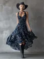 Elegant navy blue bohemian floral halter maxi dress perfect for summer beach vacations - XS / Dresses / Navy Blue