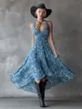 Model wearing a bohemian blue floral halter dress with high-low hem against gray wall - XS / Dresses / Sky Blue