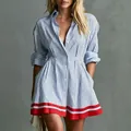 Stylish blue and white striped shirt dress with a red contrast border at the hemline. - Dark Blue Striped Color Block