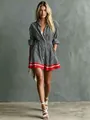 Elegant full length view of the striped mini shirt dress with unique red hem detail - XS / Dresses / Black Striped Color Block