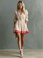 Elegant beige striped shirt dress featuring waist-slimming design and red color-block hem - Apricot Striped Color Block