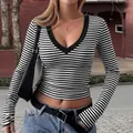 Women's Y2K striped slim long-sleeve V-neck crop T-shirt in classic black and white - XXS / Tops / Black & White Stripes