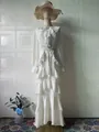 Elegant white long sleeve ruffled maxi dress with high waist and decorative brooch detail - S / Dresses / White