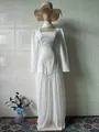 Elegant white long-sleeved maxi dress with square neckline and ruffled skirt details - S / Dresses / White