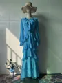 Elegant light blue long sleeve ruffle maxi dress with tiered ruffles on a mannequin - S / Dresses / Light Blue