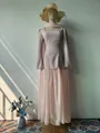 Elegant long-sleeved slim dress with handmade rhinestone trim and layered pink chiffon skirt - S / Dresses / Pink