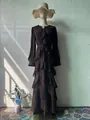 Elegant dark brown long-sleeved tiered maxi dress with waist tie and ruffle details - S / Dresses / Dark Brown