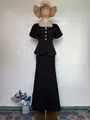 Elegant black two-piece set featuring pearl collar short sleeve top and high-waisted long skirt - S / Top And Bottom / Black