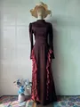Vintage court-style high-neck satin dress with pink chiffon ruffles - S / Dresses / Chestnut