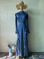 Elegant blue satin maxi dress with a high neck and chiffon side ruffle details - S / Dresses / Blue