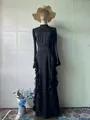 Full view of elegant black mock neck satin dress featuring side ruffles and flared sleeves - S / Dresses / Black