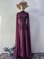 Elegant plum long-sleeved maxi dress featuring dramatic cape sleeves and a stylish high neck - S / Dresses / Fuschia