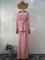 Detail view of the elegant pink long-sleeved shirt and maxi skirt set for summer. - Top And Bottom / Light Pink / S