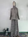 Full view of elegant grey modest three-piece suit set featuring blazer and floral maxi skirt - S / Set / Light Khaki