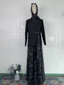 Elegant 3-piece modest fashion set featuring black blazer and floral printed long skirt - S / Set / Black