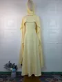 Elegant yellow long-sleeved evening gown featuring a matching hijab and pearl trim - S / Dresses / Yellow