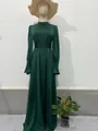 Elegant dark green long sleeve maxi dress with cinched waist and ruffle cuffs. - S / Dresses / Green
