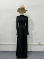 Elegant black satin maxi dress featuring long puff sleeves and cinched wrap waist tie - S / Dresses / Black