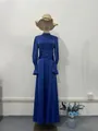 Elegant blue satin maxi dress with puff sleeves and crossover waist for Autumn - S / Dresses / Sapphire Blue