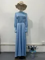 Elegant light blue satin maxi dress with long puff sleeves and waist wrap detail. - Light Blue