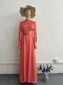 Elegant coral pink long sleeve satin maxi dress with puff sleeves and waist tie detail - Coral
