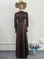 Elegant chocolate brown long sleeve maxi dress with a cinched waist and ruffled cuffs - Coffee