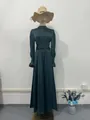 Elegant dark green satin maxi dress with waist tie and long puff sleeves for women - Malachite green