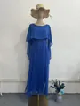 Elegante koningsblauwe geplooide maxi-jurk met een vloeiende chiffon cape-overlay voor dames - S / Dresses / Blauw