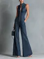 Retro dark blue sleeveless slim fit high neck denim jumpsuit with front zipper detail - S / Jumpsuits / Dark Blue