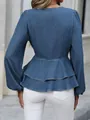 Back detail of blue denim long sleeve shirt with tiered peplum hem and slim fit. - S / Tops / Dark Blue