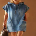Detailed view of a casual light blue denim hooded dress featuring a front pocket - S / Dresses / Blue