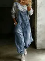 Stylish vintage loose blue denim overalls for women with wide leg and cuffed hem details. - S / Set / Light Blue