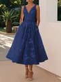 Sleeveless V-neck evening dress in royal blue with elegant floral digital print detail - S / Navy Blue