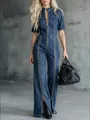 Stylish short sleeve denim jumpsuit with wide leg design and unique zipper details - 3XL / Jumpsuits / Dark Blue