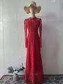 Elegant red Victorian-style lace maxi dress with long sleeves displayed on a mannequin. - S / Dresses / Red