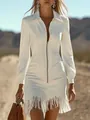 Elegant white suede slim-fit dress featuring a zip-front and stylish fringe hem - S / Dresses / White