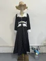 Elegant black and white polka dot dress with lace Peter Pan collar and slim waist - Black