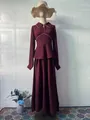 Full view of elegant burgundy pleated dress with long sleeves and Peter Pan collar - S / Dresses / Burgundy