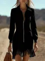 Chic black slim fit bodycon dress featuring long suede fringe and front zipper detail - S / Dresses / Black