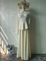 Elegant long-sleeved maxi dress with pleated bodice and high-waisted ruffled detail - S / Dresses / White