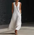 Elegant white linen sleeveless V-neck maxi dress with decorative diagonal buttons - M / Dresses / White