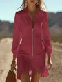 Stylish slim-fit maroon suede dress with front zipper and bohemian fringe hem - S / Dresses / Burgundy