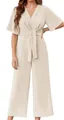 Detail shot of an elegant minimalist V-neck solid color short sleeve jumpsuit in beige - S / Apricot