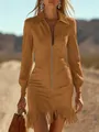 Stylish slim-fit caramel brown suede dress with western fringe and full front zipper - S / Dresses / Tan