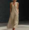 Robe longue sans manches à col en V avec boutons diagonaux et poches latérales chic. - Kaki
