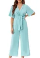 Elegant light blue V-neck short sleeve jumpsuit featuring a waist tie and wide leg - Emerald