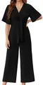 Elegant black V-neck short-sleeved jumpsuit with waist tie and wide-leg design detail - S / Black